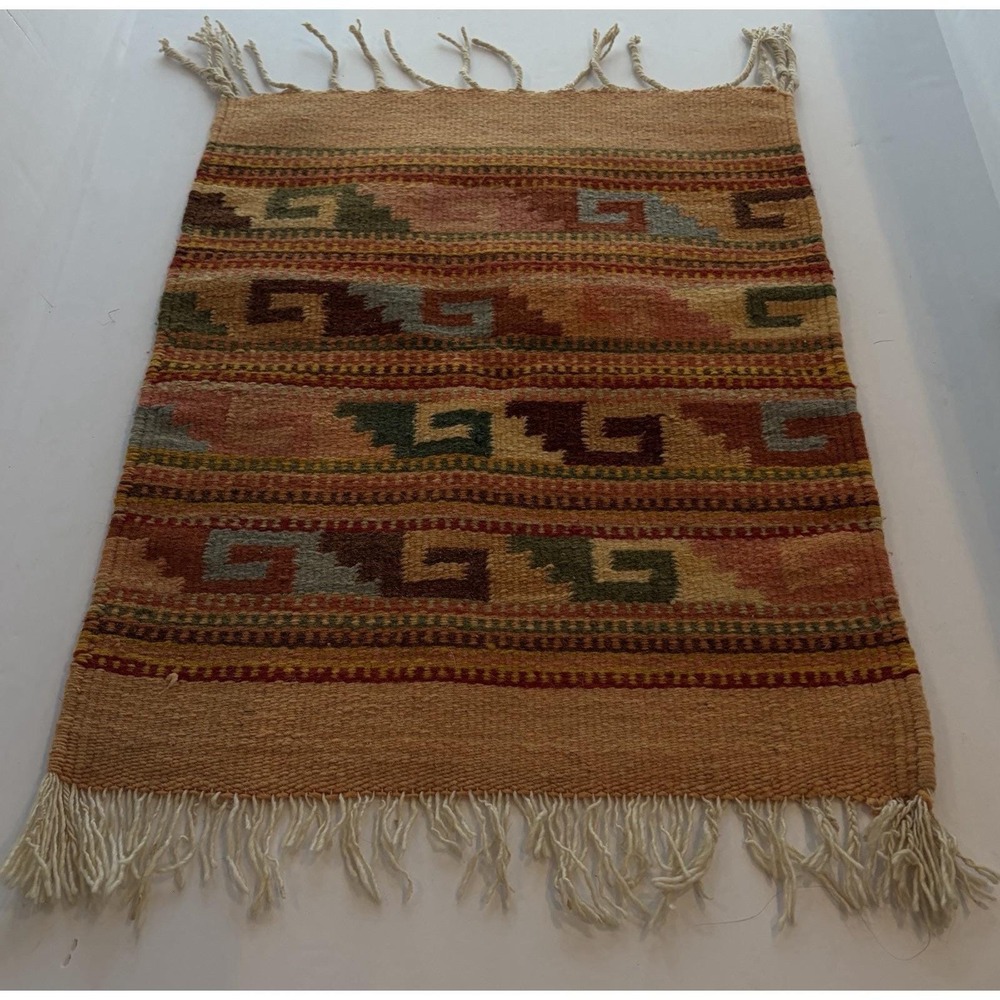 Vintage Handwoven Wool Textile Rug Runner Stepped Fret Fringe Earth Tones